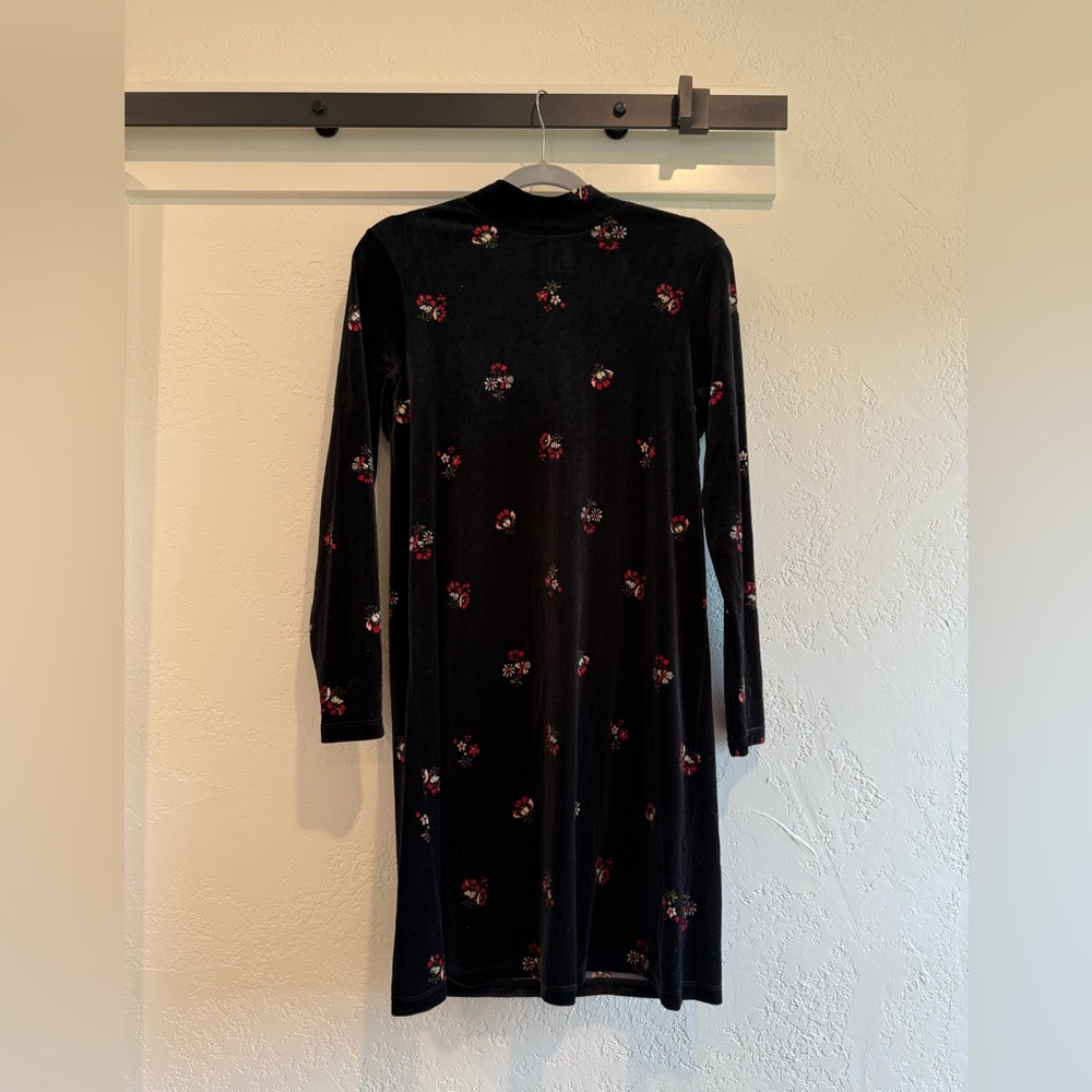 LOFT outlet Velvet Black Dress with Red Floral Pattern and mock neck